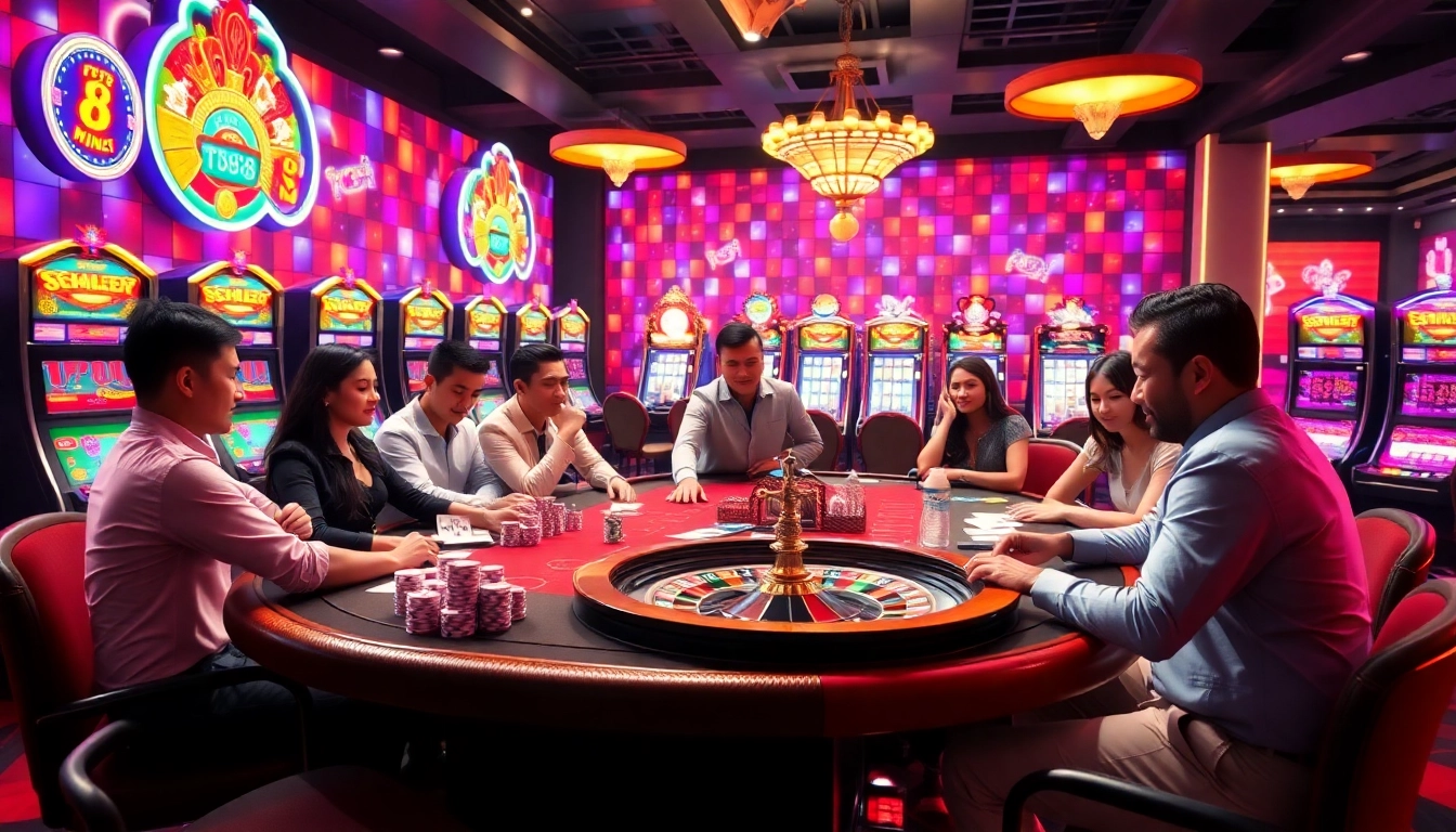 Excited players engaging in a vibrant casino scene representing TT88 online gambling