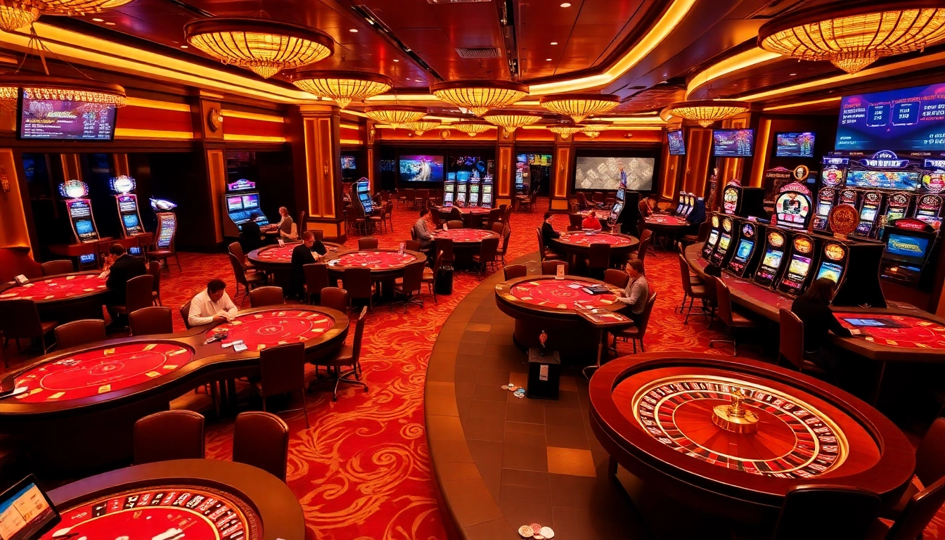 Players enjoying games at UU88 casino, featuring vibrant slot machines and poker tables.