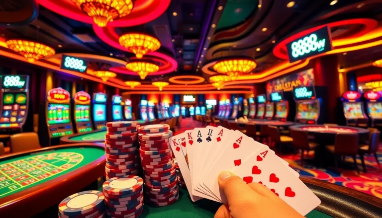 Engaging gaming atmosphere at 888now casino with exciting poker tables and vibrant slots.