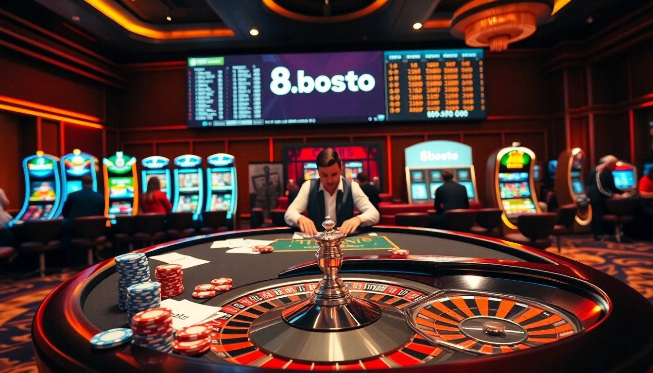 Engaging casino action scene showcasing S8.boston poker, chips, and roulette.
