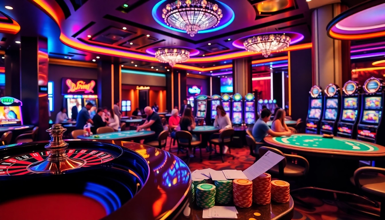 Experience the excitement of gambling with the ee88 app amidst vibrant casino tables and colorful slot machines.