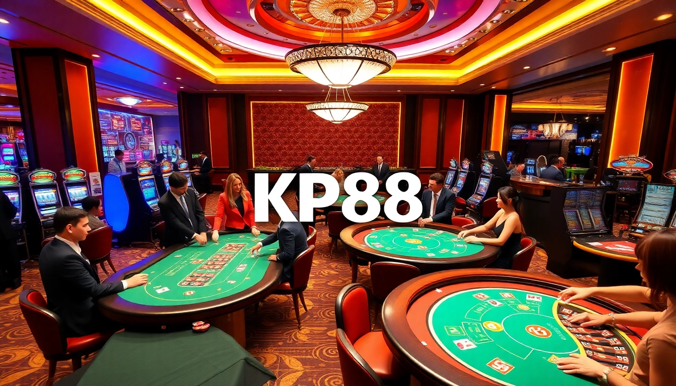 Kp88 players enjoying a thrilling experience at luxurious casino tables with vibrant lights.
