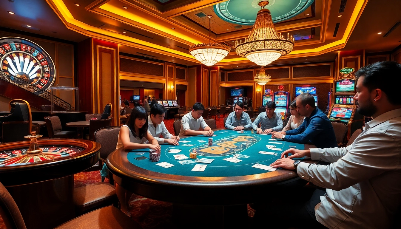 Experience the excitement of king88 vina with a vibrant casino poker scene filled with players and chips.