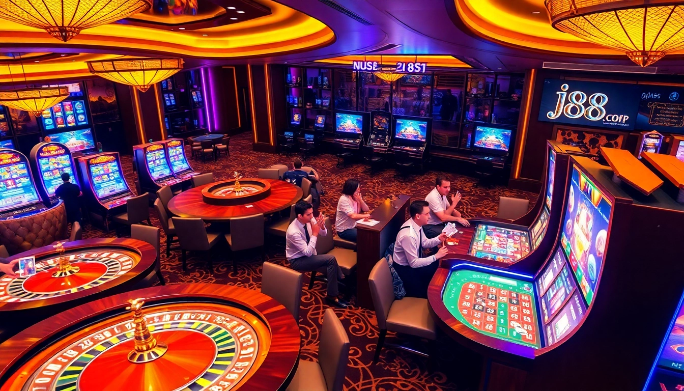 Experience thrilling gameplay at j88 casino with vibrant tables and excited players.
