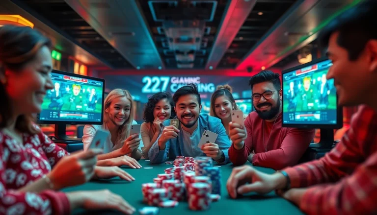 Engaging online gaming scene at topgamebaidoithuong.mx, showcasing players with cards and chips in a vibrant atmosphere.