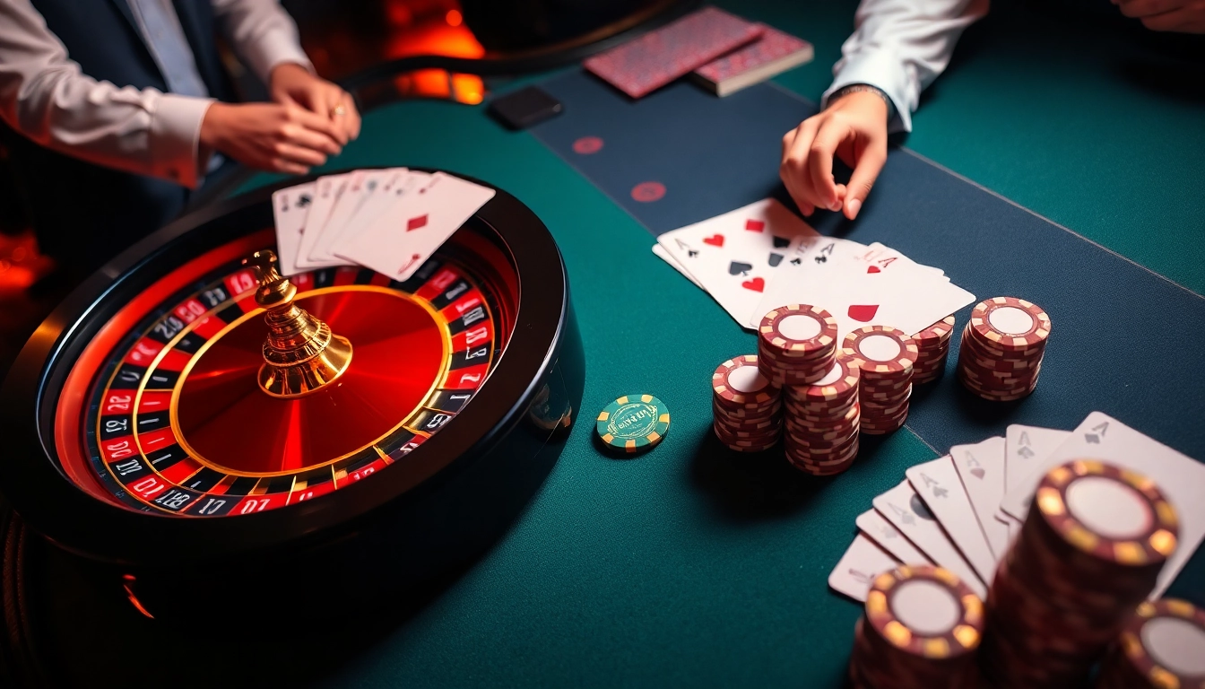 Engaging casino scene on dom88.us.com featuring roulette, cards, and poker chips.