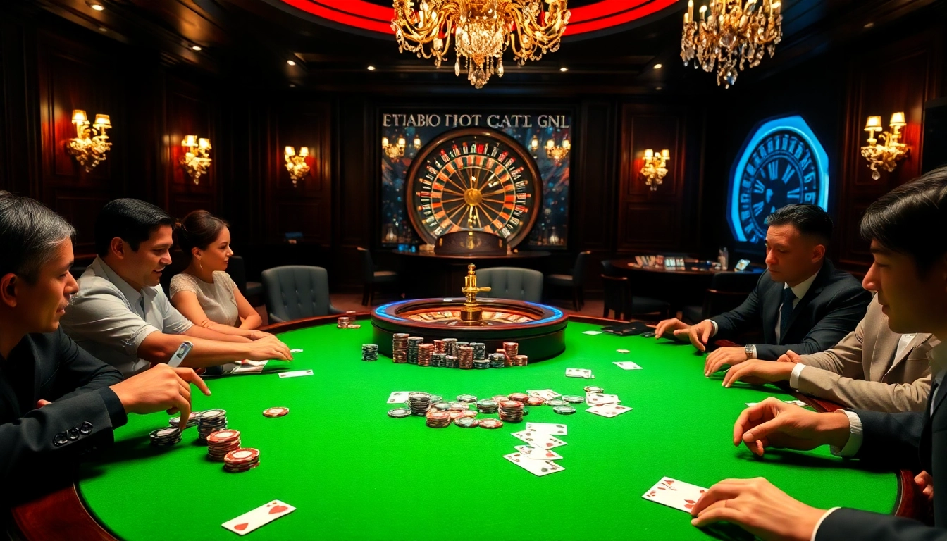 Excited players enjoying a thrilling poker game at NK88 casino with vibrant chips and cards.