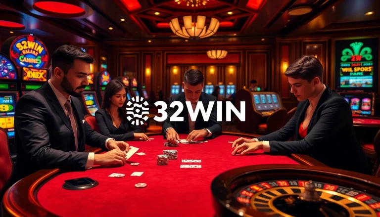 Experience thrilling poker action at 32WIN with high-stakes gameplay and vibrant casino aesthetics.