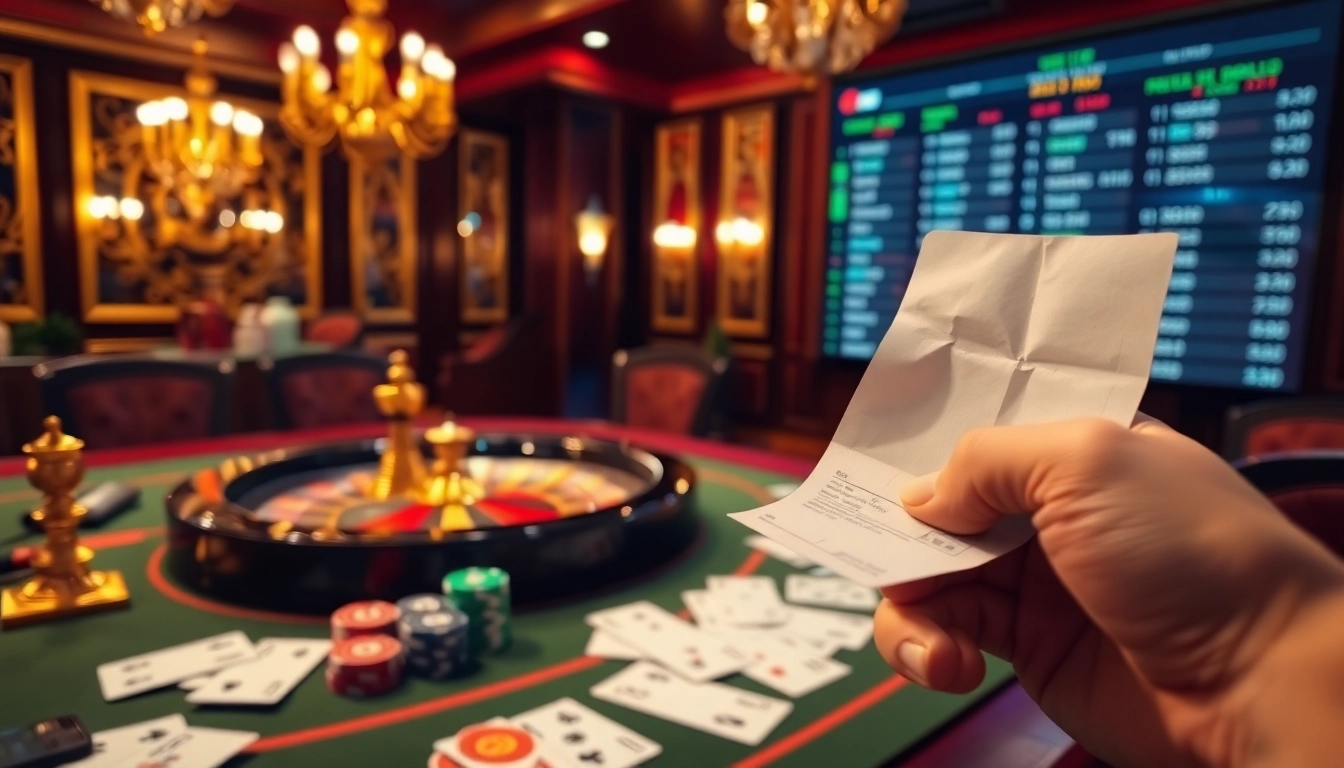 Experience the thrill of keonhacai.claims with engaging casino ambiance featuring poker chips and betting slips.