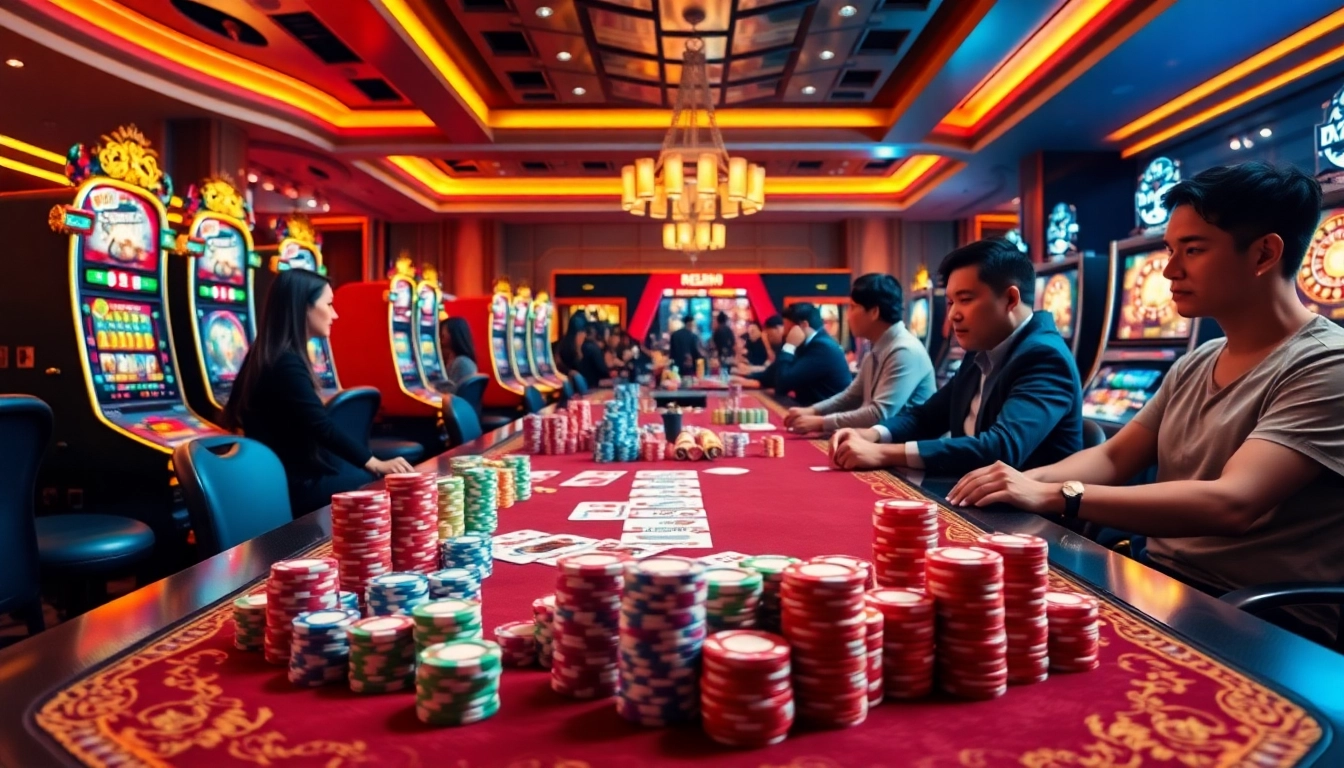 Engaging scene of red88 betting with poker chips, cards, and a lively casino atmosphere.