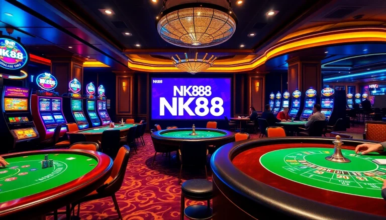 Engaging casino action featuring NK88 branding, luxury tables, and vibrant gaming energy.