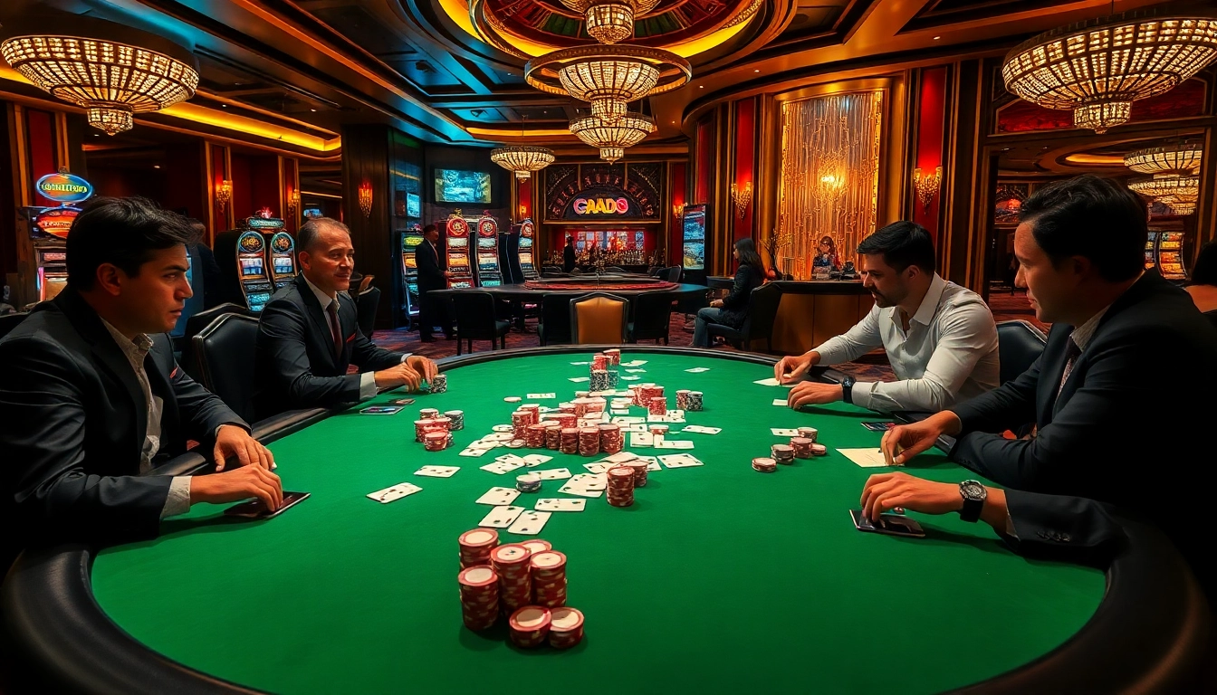 Exciting poker action at Go8 casino table with colorful chips and cards.
