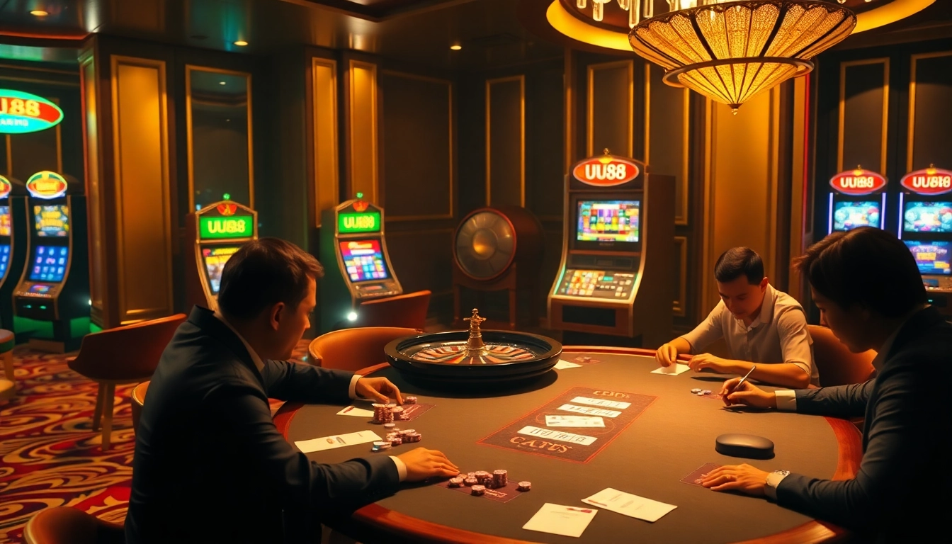 Experience thrilling gaming at uu88's luxurious casino with poker tables and slot machines.
