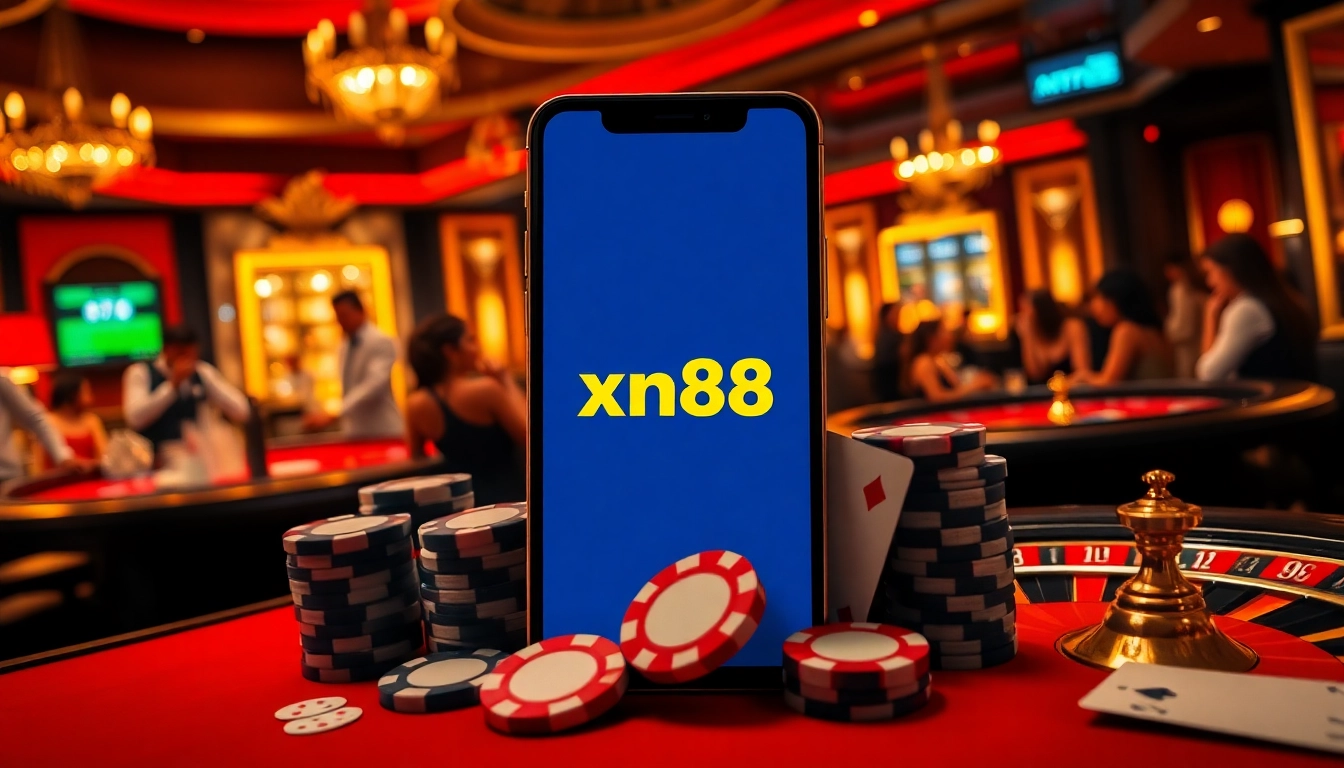 Engaging casino environment showcasing xn88 app on a smartphone with cards and chips.