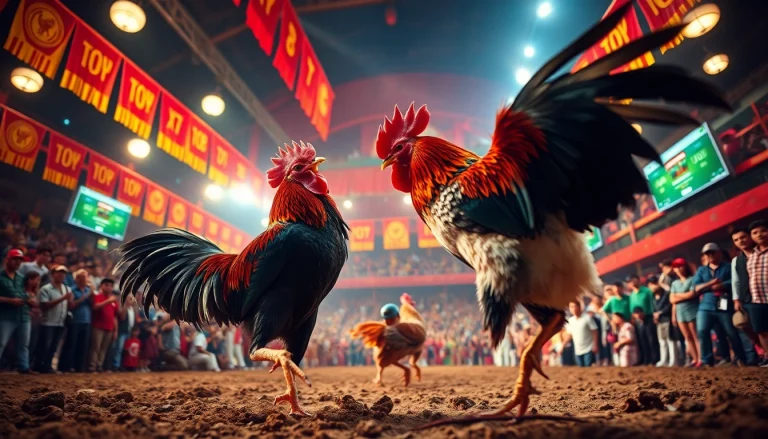 Experience the thrill of live cockfighting at sv368win.live with vibrant imagery of an exciting arena, showcasing intense battles.