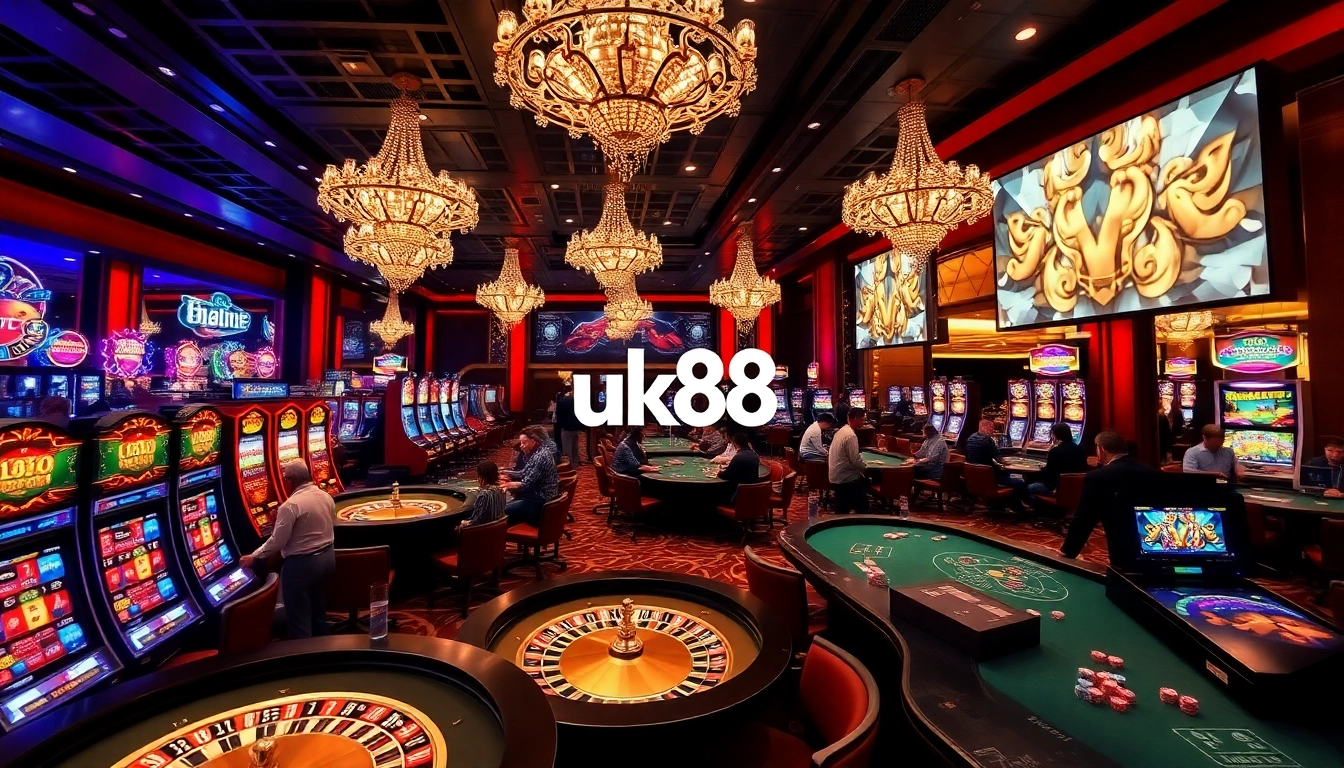Play at UK88's vibrant casino gaming floor filled with roulette wheels, poker tables, and slot machines.