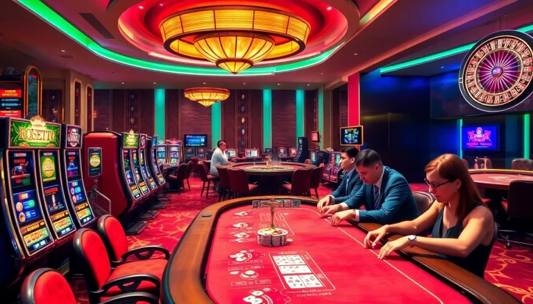 Captivating casino action featuring HDBET with players at poker tables, slot machines, and roulette wheels.