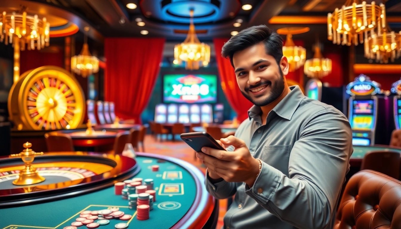 A player engaging with the xn88 app on a smartphone amidst a vibrant and luxurious casino setting.