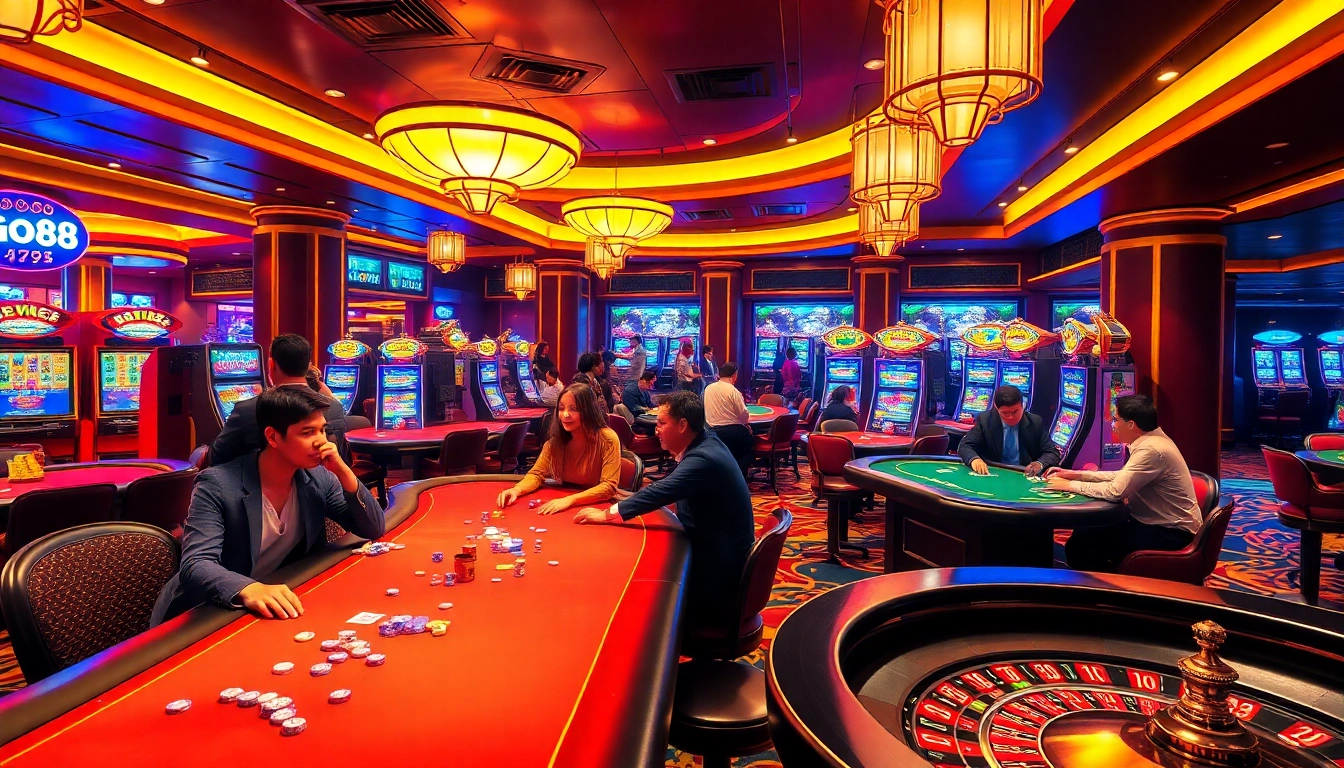 Exciting gaming action at Go88 casino, showcasing poker players and colorful slot machines.