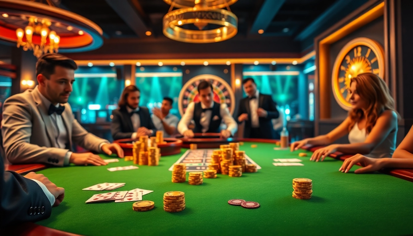 Kèo nhà cái bet88 showcases intense gambling action at an elegant casino table filled with professional dealers and vibrant poker chips.