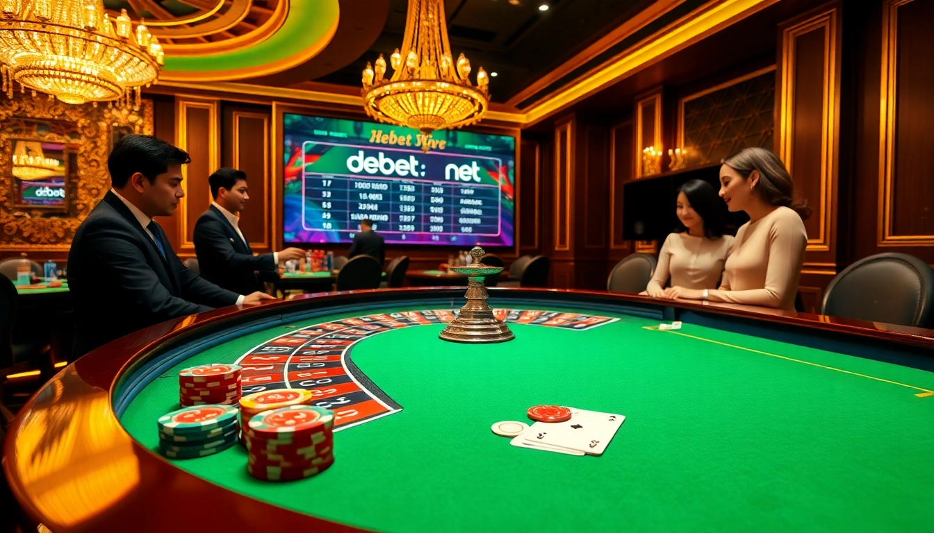 Experienced players enjoy a thrilling roulette game at a luxurious casino featuring the debet net branding.