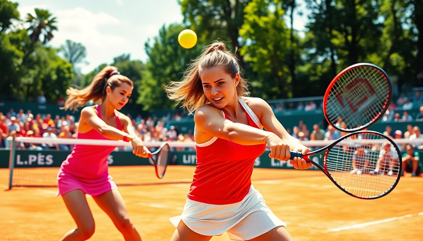 Action-packed moment from the OPEN 88 tennis tournament with players on clay court.