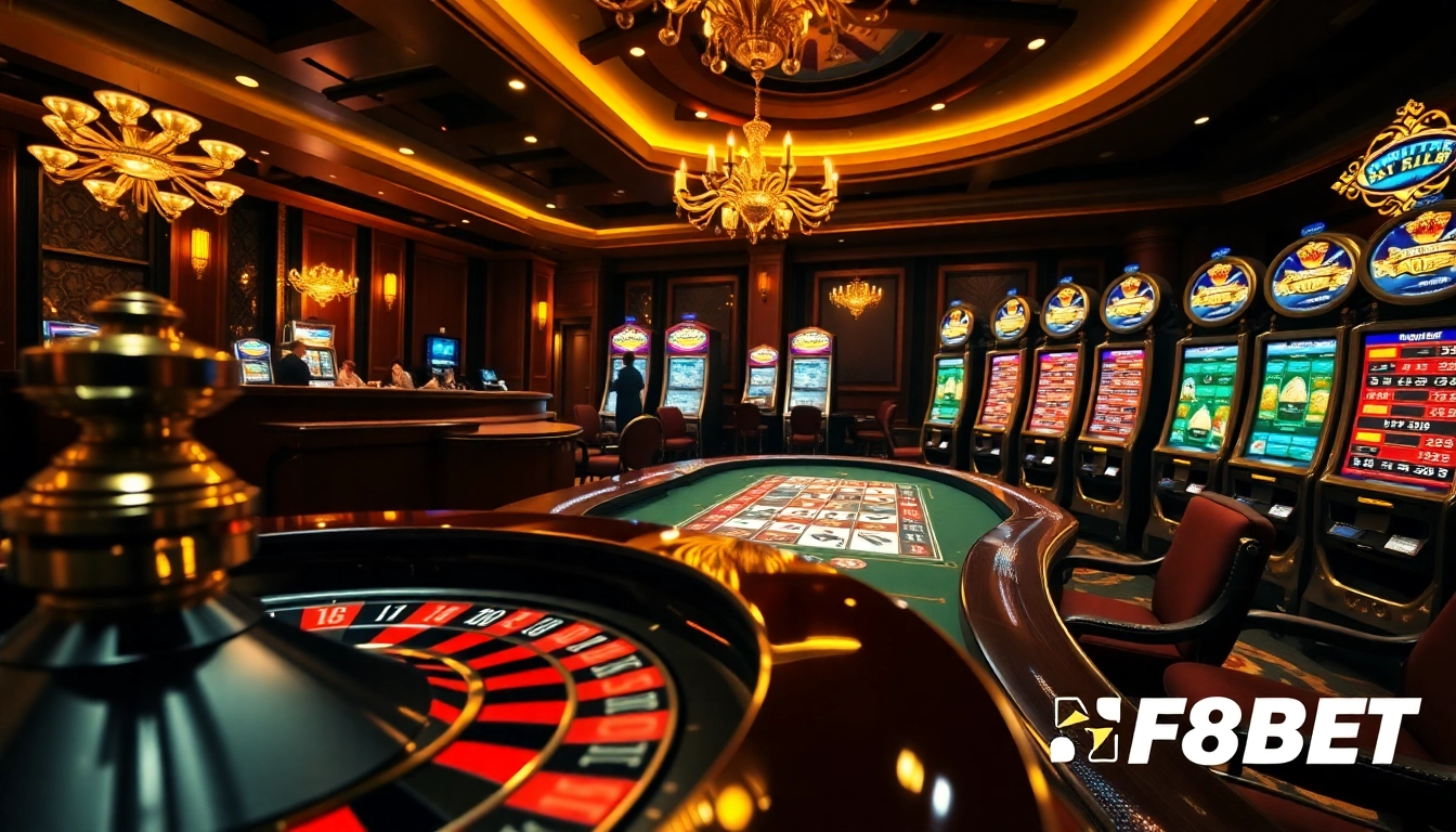 Experience thrilling games at F8BET casino with high-stakes poker tables and vibrant slot machines.