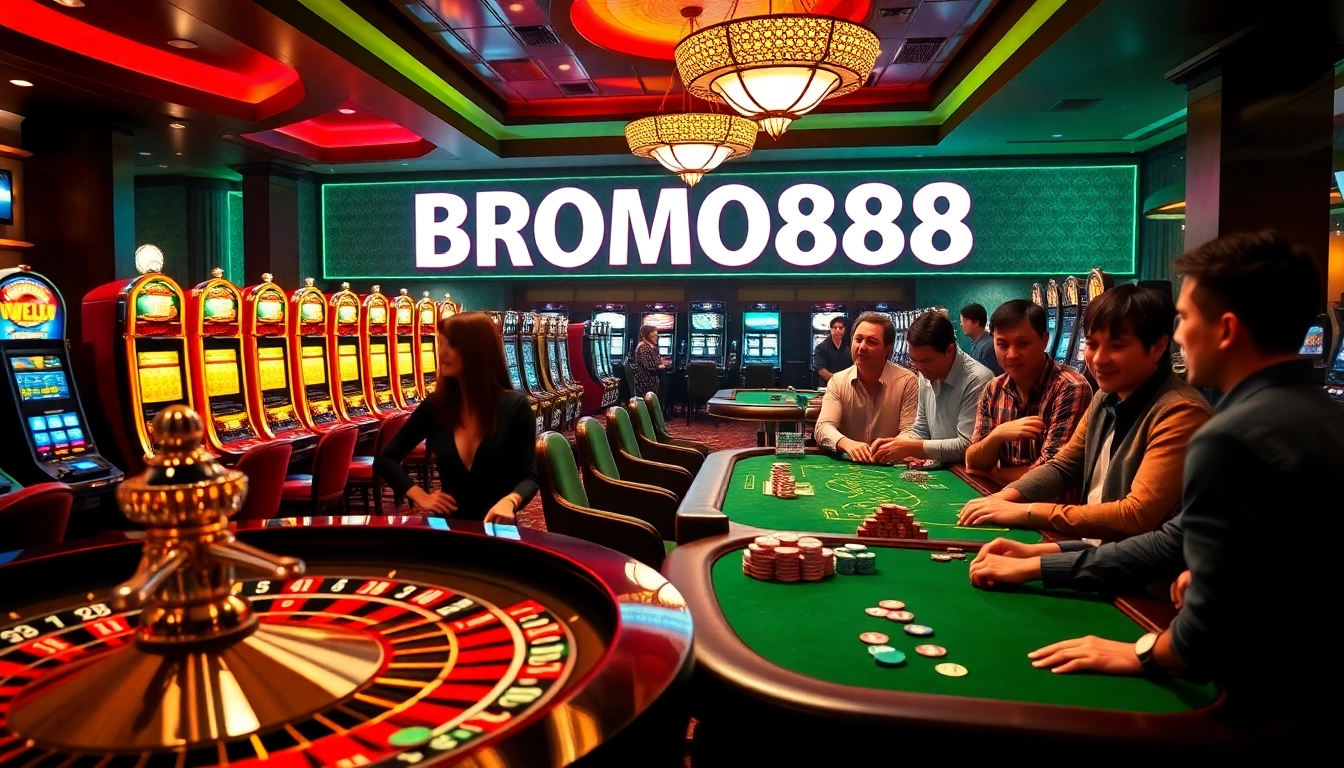 Experience the thrill of gambling at BROMO888 with vibrant slot machines and engaged players.