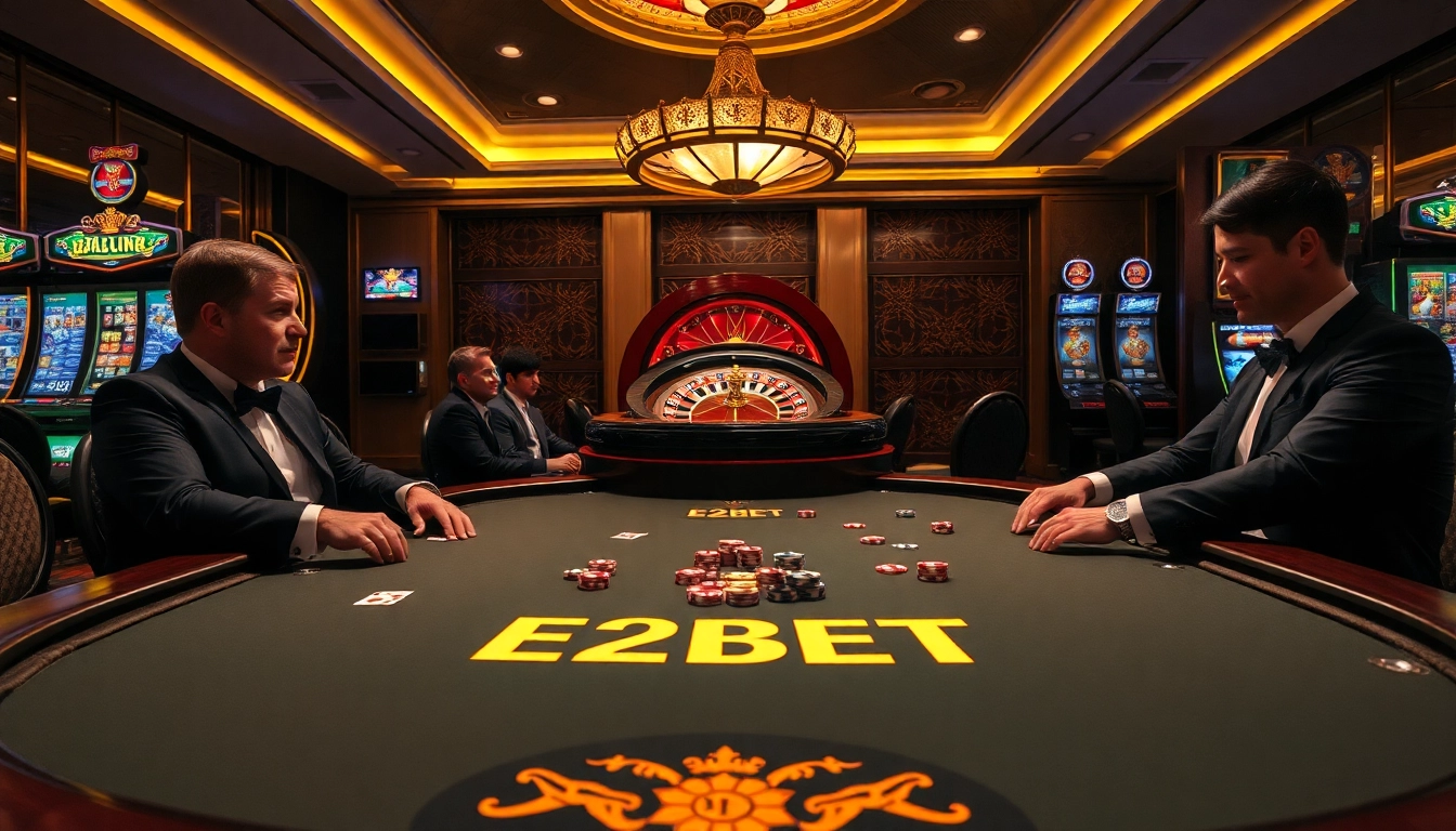 Players enjoying poker at an E2BET-branded casino table with vibrant gaming atmosphere.
