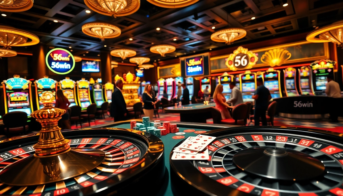 Intense casino action showcasing 56win poker chips and roulette tables in a vibrant setting.