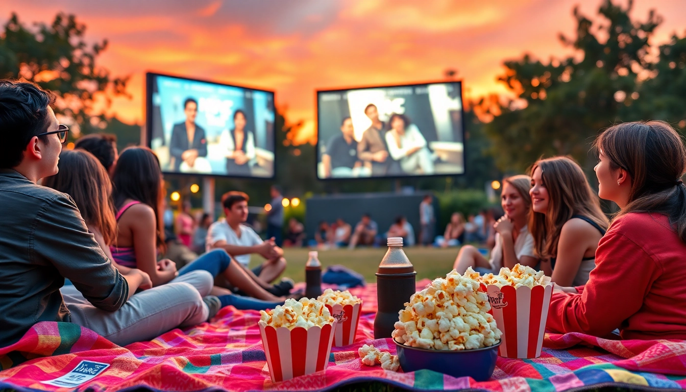 NangCuc outdoor film screening event showcasing a community enjoying classic movies with vibrant sunset lighting.