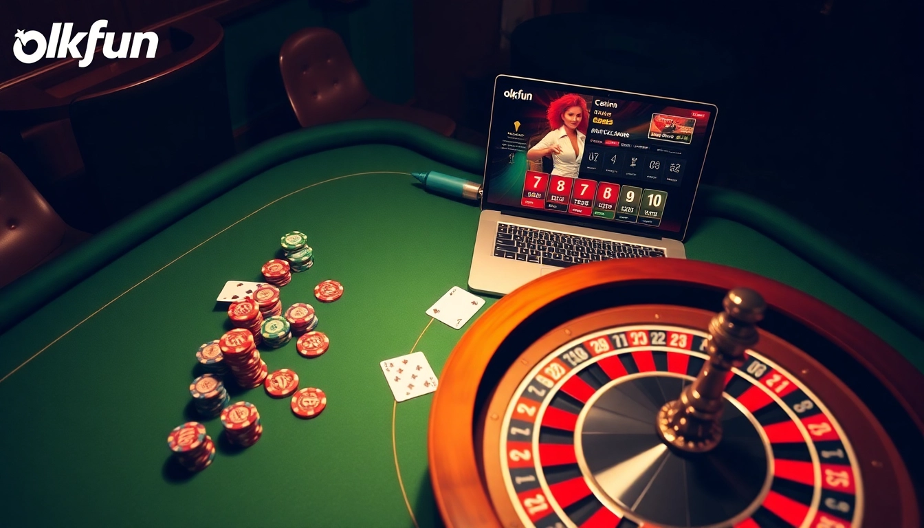 Exciting gambling atmosphere at Okfun online casino with vibrant poker chips and roulette wheel.