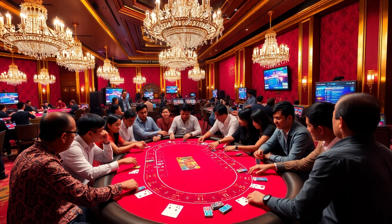Players enjoy an exhilarating poker game at 789P's luxurious casino, showcasing betting excitement.
