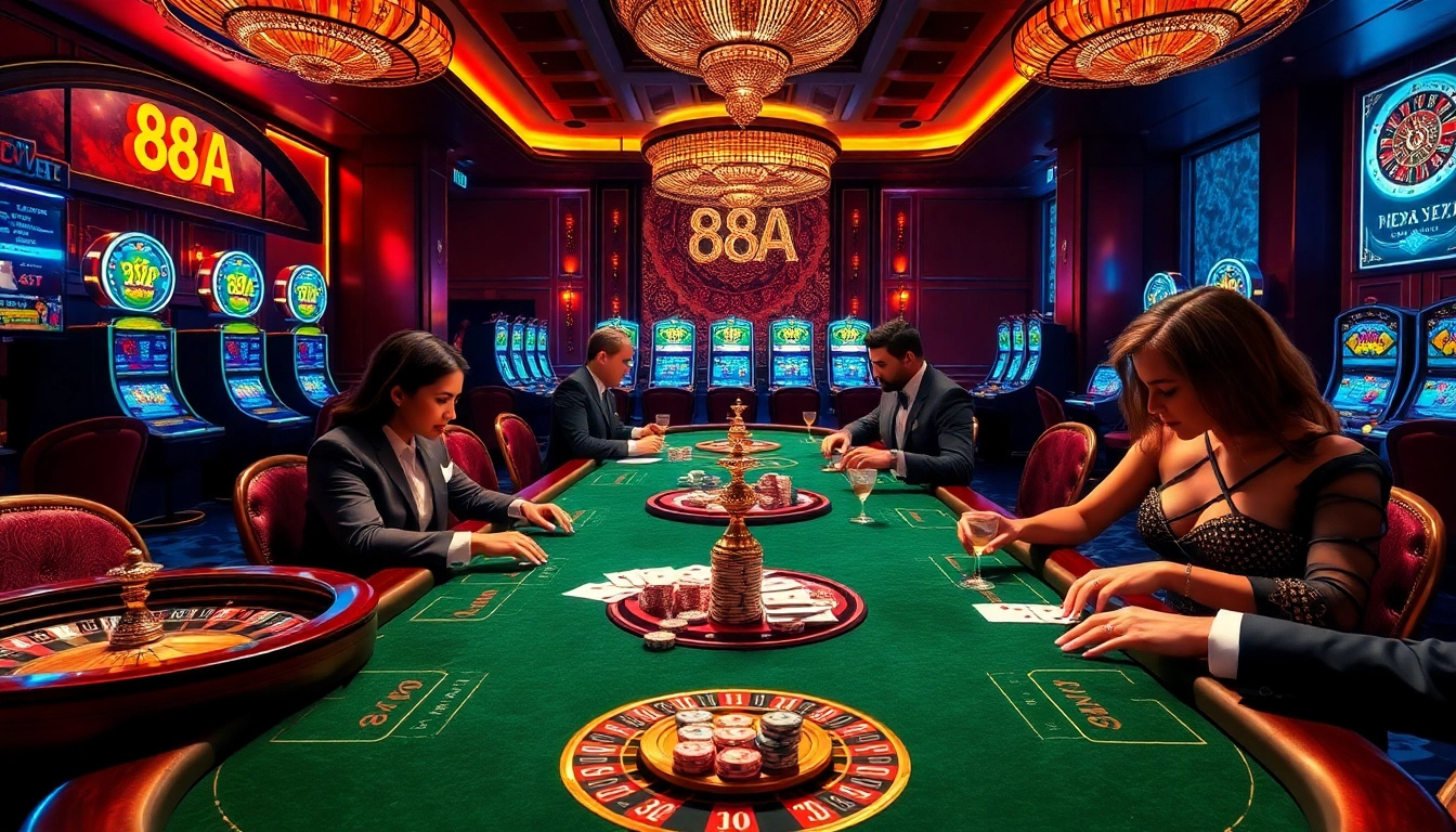 Players enjoying a high-stakes poker game at https://88aa.law/, surrounded by an exciting casino atmosphere.