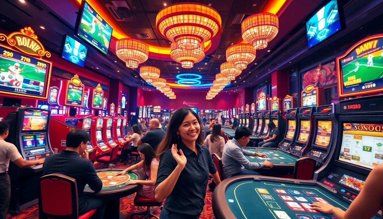 Bong88 casino scene showcasing vibrant gaming activities and enthusiastic players.