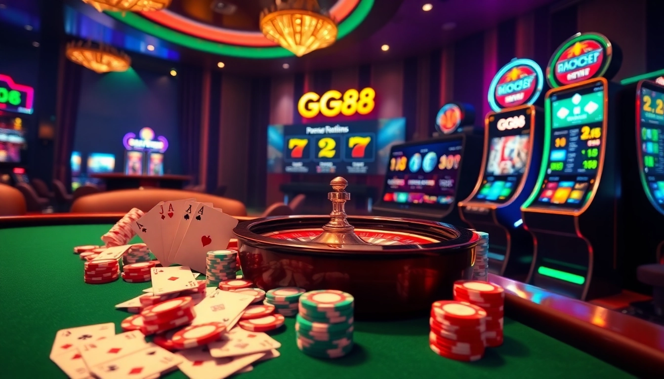 Experience thrilling online gaming with GG88's vibrant casino atmosphere featuring poker and slot games.
