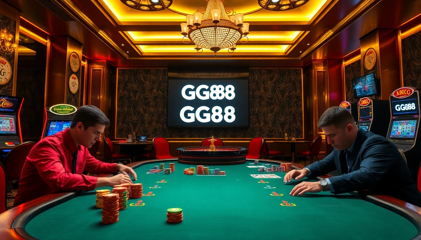 Players engaging in high-stakes poker at GG88 casino, with vibrant chips and festive atmosphere.