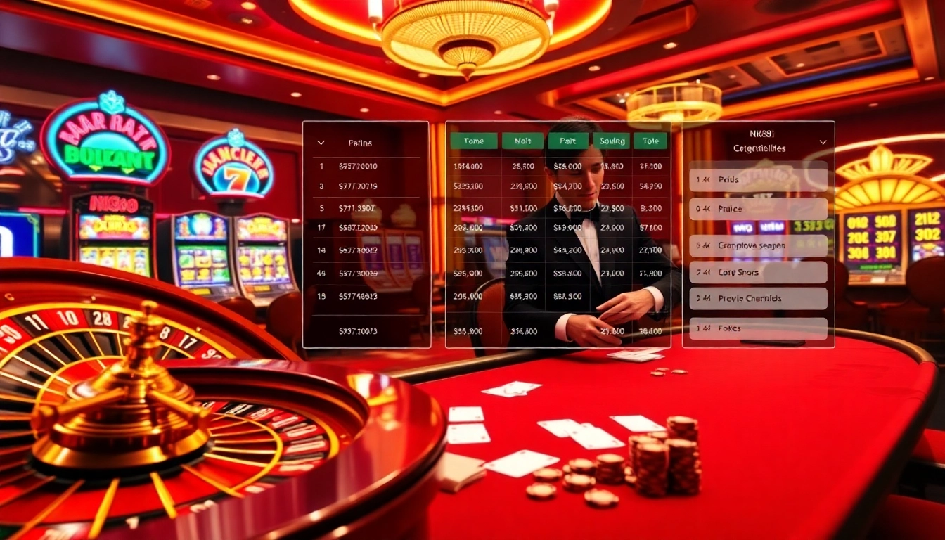 Experience thrilling moments at https://nk88nk.com/ with an elegant casino scene filled with slot machines and poker games.