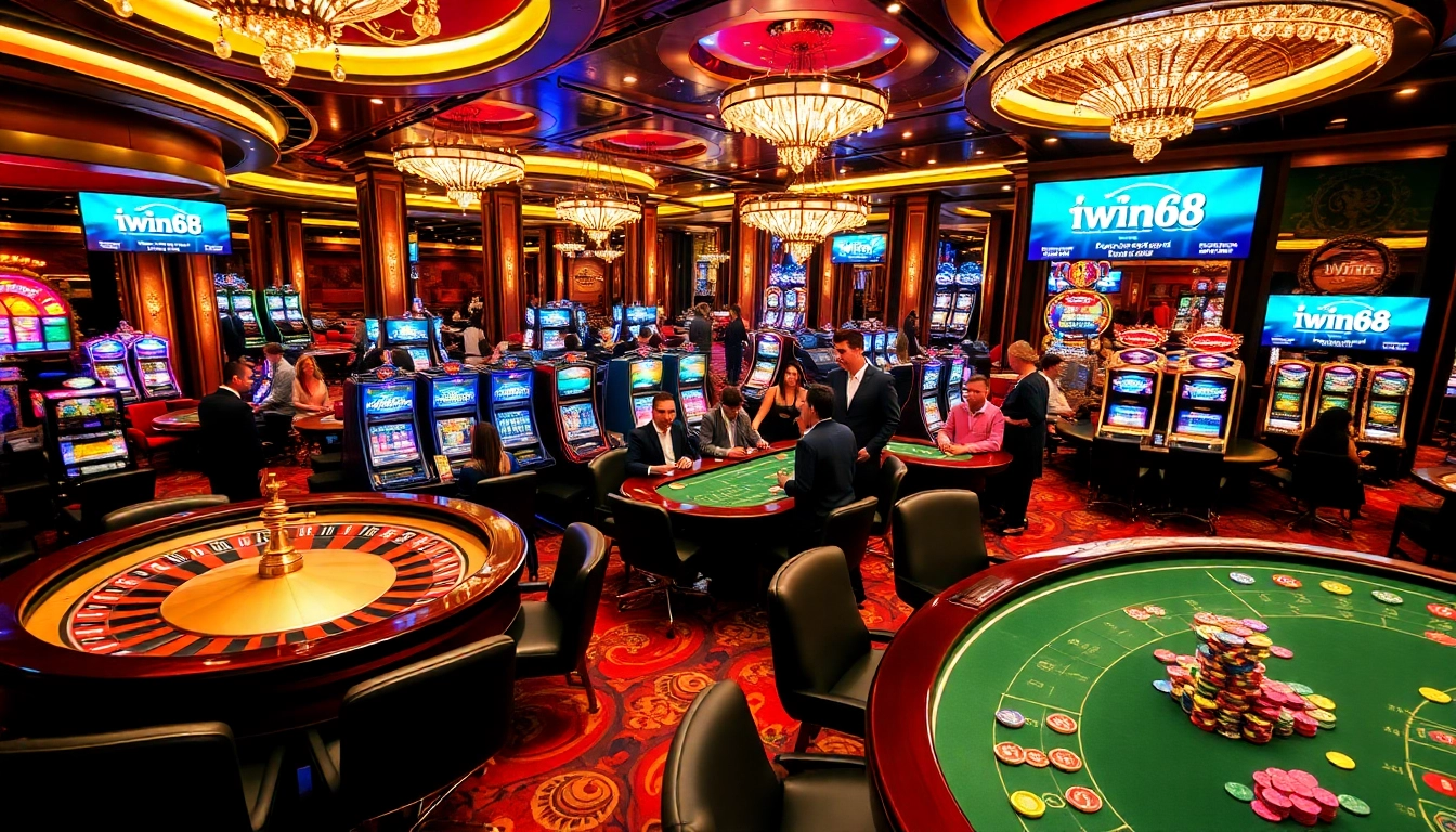 Iwin68 players enjoying a vibrant atmosphere at a luxury casino with roulette, poker, and slot machines.