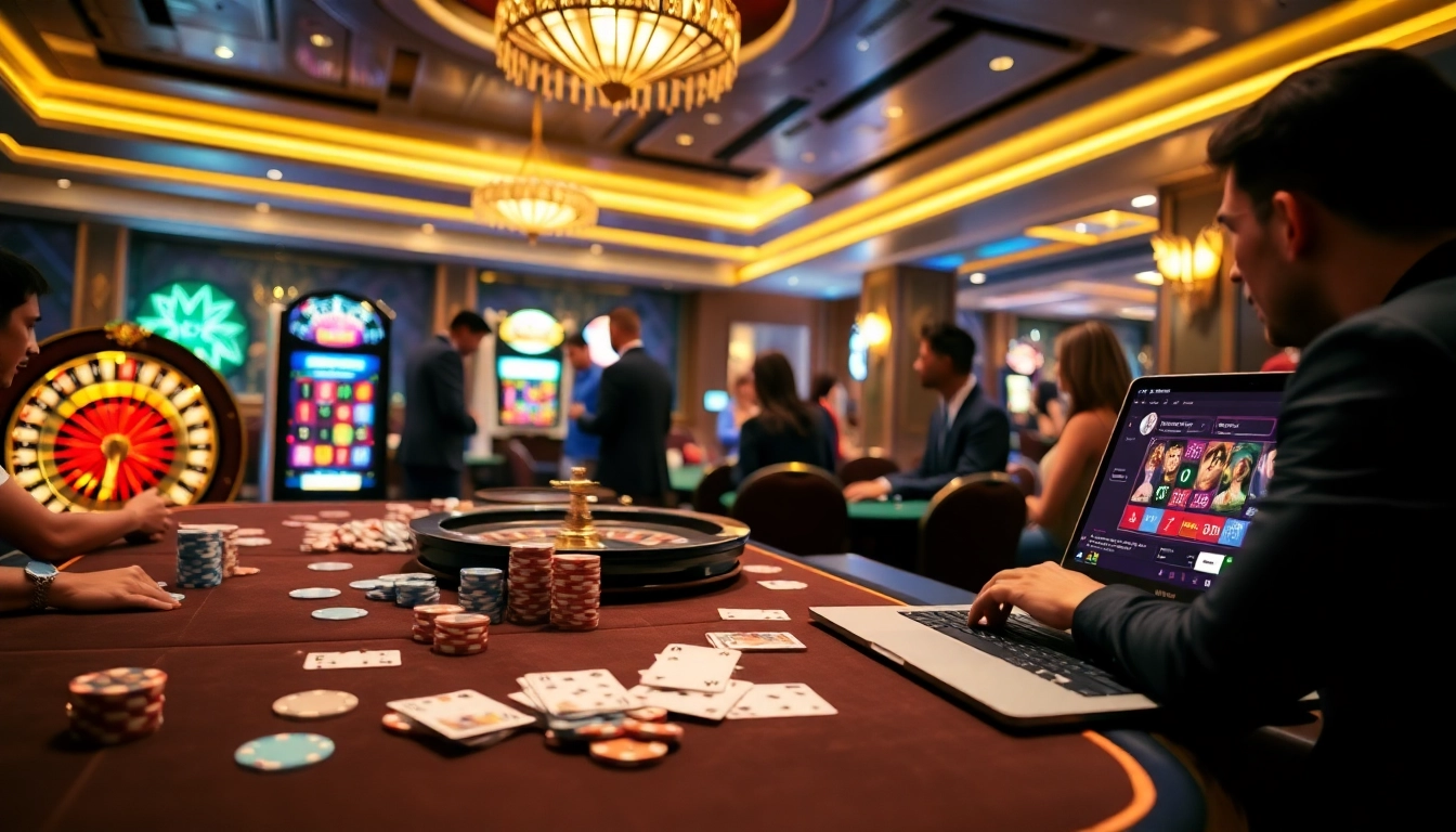 TR88 gamblers enjoying a thrilling game at a luxurious casino table with vibrant decor.