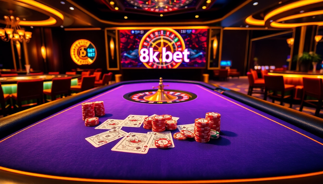 Experience the thrill of 8kbet at a luxurious casino table with vibrant poker chips.