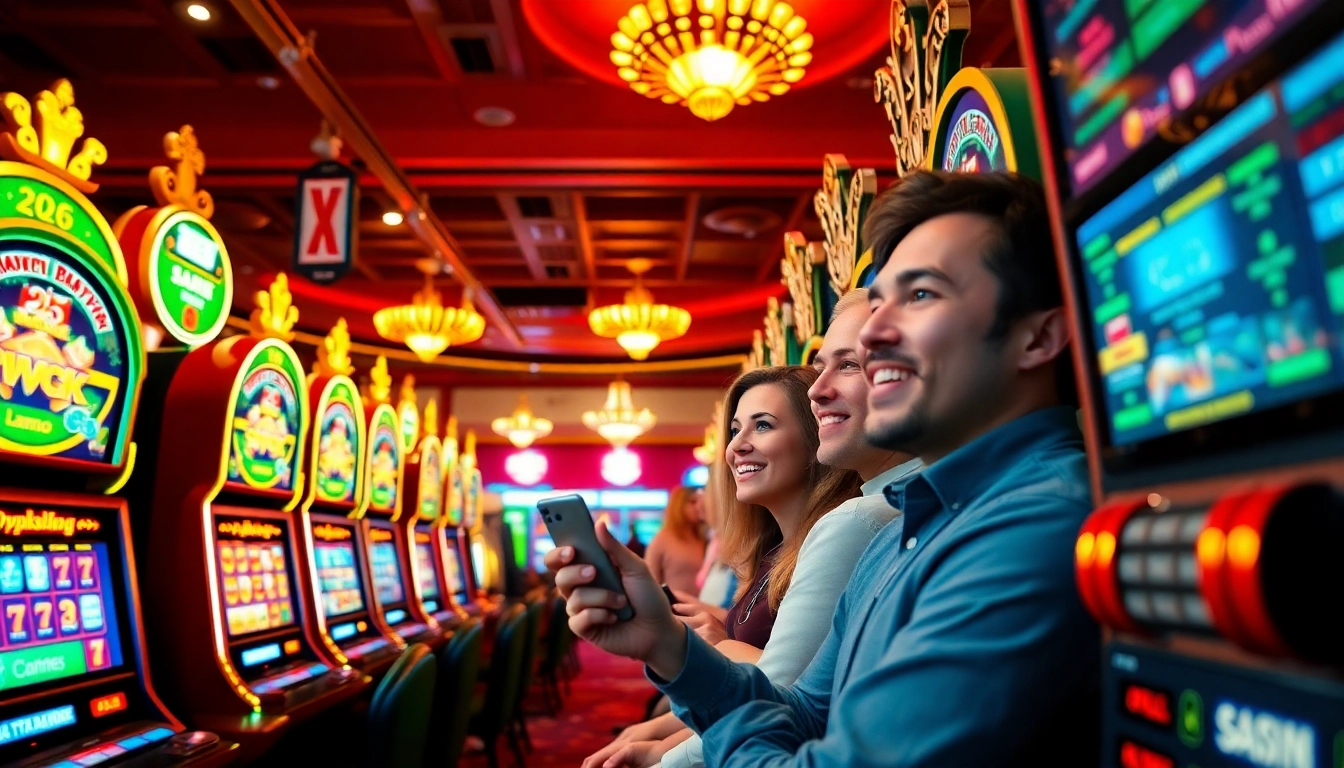 Exciting king88 online casino scene with players and vibrant slot machines.