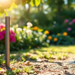 יתד אנקור מעוגן בבטחה בגינה תוססת, מדגיש את העמידות.