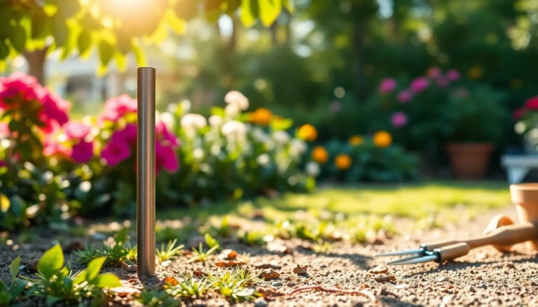 יתד אנקור מעוגן בבטחה בגינה תוססת, מדגיש את העמידות.