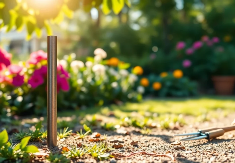 יתד אנקור מעוגן בבטחה בגינה תוססת, מדגיש את העמידות.