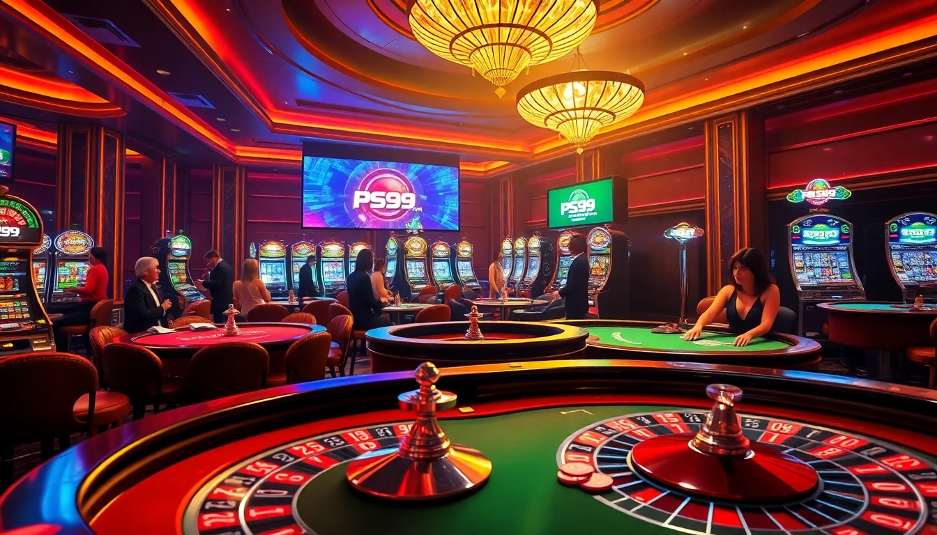 Exciting action at PS99 COM casino featuring vibrant roulette tables and glamorous players.