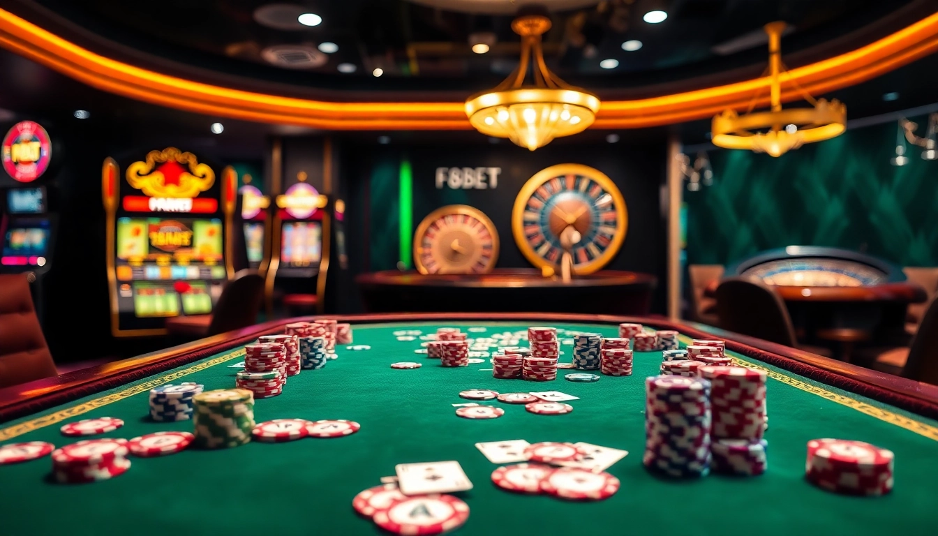 Players enjoying a thrilling game at F8BET's vibrant casino table filled with colorful poker chips.