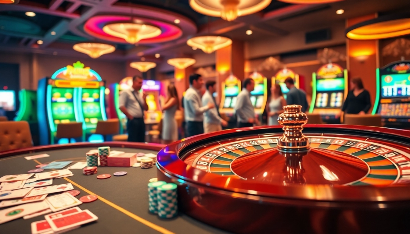 E28's vibrant online casino experience with lively players at a roulette table and bright slot machines.