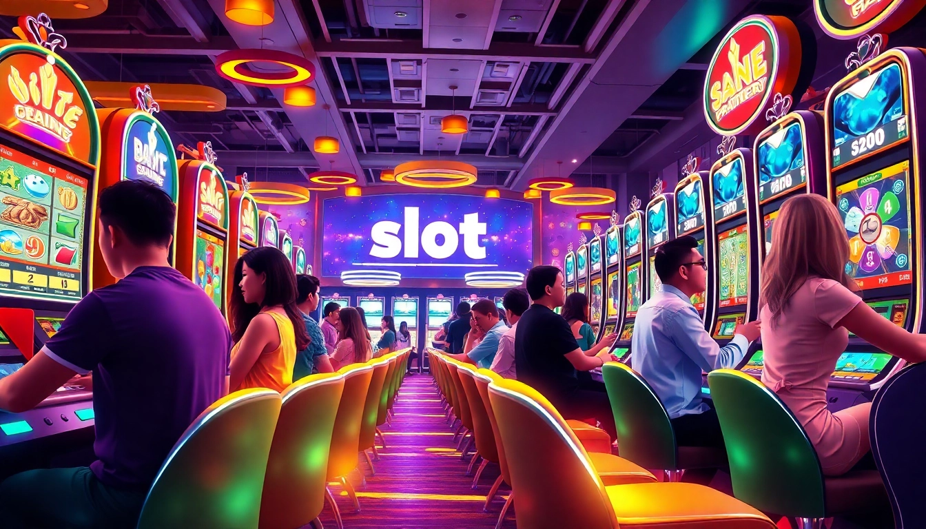 Exciting slot dana gaming scene with diverse players enjoying slot machines in a vibrant casino setting.