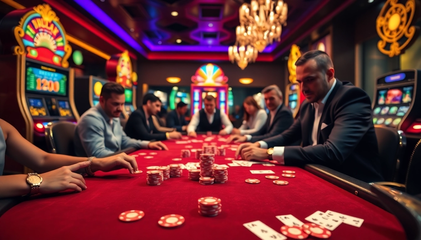 Intense poker game at a luxurious casino table with luck8 branding elements.